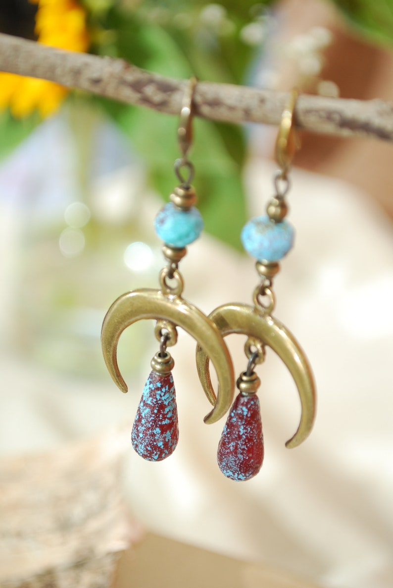 Moon phases earrings, boho bronze dangles, fake seaglas teardrop beaded earrings, sizze 7cm 2.75 inches image 5