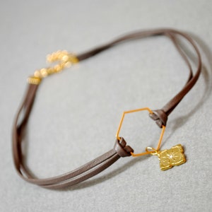 Boho-Chic Brown Leather Choker with Hexagon Stainless Steel Accent. 13" + adjustible chain