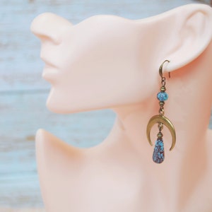 Moon phases earrings, boho bronze dangles, fake seaglas teardrop beaded earrings, sizze 7cm 2.75 inches image 9