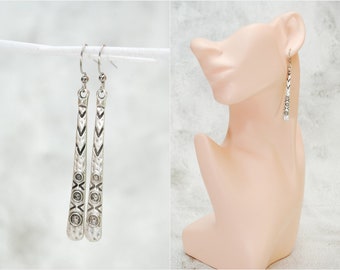 Long Geometric Earrings, Antique Silver Teardrop Earrings 7,4cm - 3in, Estibela design, Elegant Drop Earrings
