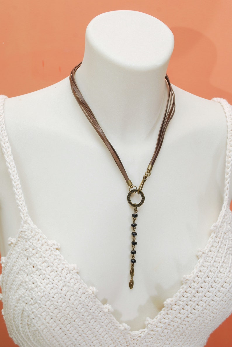Ethnic Spiral Necklace, Black Agate Beaded Necklace, Trimal Multilayer Leather Necklace, 45 cm 17.5 image 9