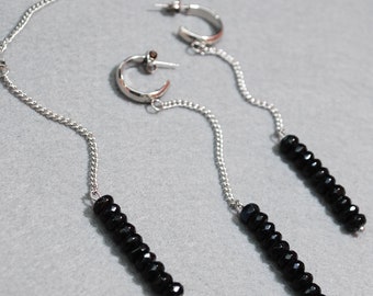 Set of agate stone necklace & earrings, black agate stone beads, stainess steel chain and hoop.  Y necklace.