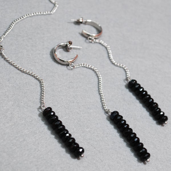 Set of agate stone necklace & earrings, black agate stone beads, stainess steel chain and hoop.  Y necklace.