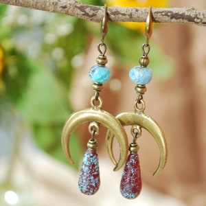 Moon phases earrings, boho bronze dangles, fake seaglas teardrop beaded earrings, sizze 7cm 2.75 inches image 3