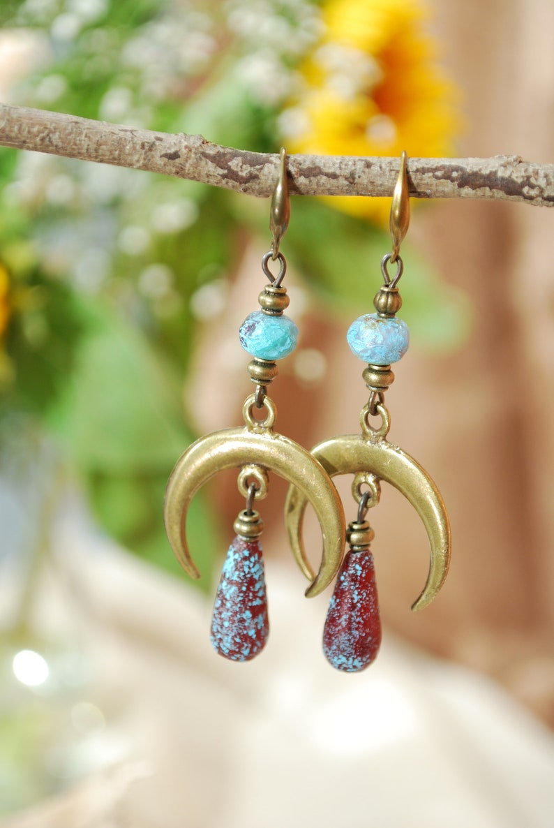 Moon phases earrings, boho bronze dangles, fake seaglas teardrop beaded earrings, sizze 7cm 2.75 inches image 3