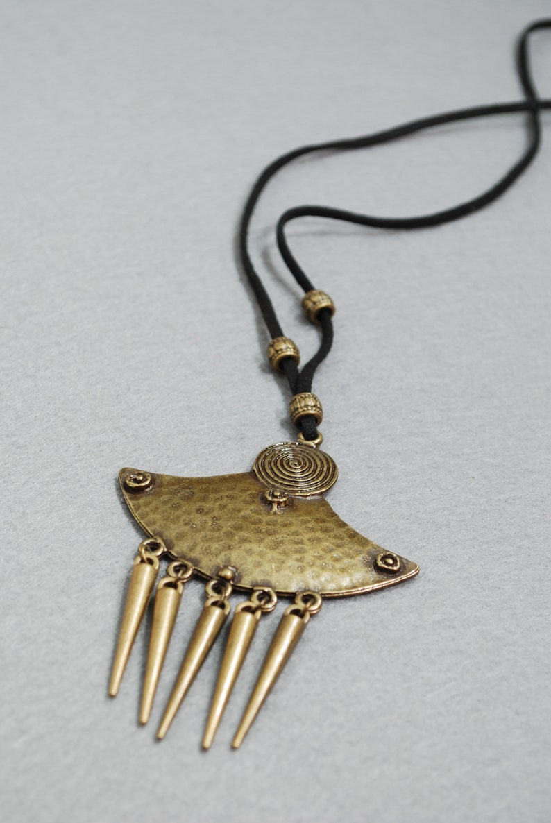 Sexy Leather Wrap Necklace, Black Suede Cord, Spike Ethnic Big Pendant, Estibela Design, Boho Wrap Necklace image 9