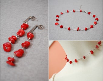 Oorbellen & Choker set, Rode koraal steen kralen sieraden, Zomer Collectie, Estibela ontwerp, Verjaardagsfeest, Roestvrij stalen ketting ketting