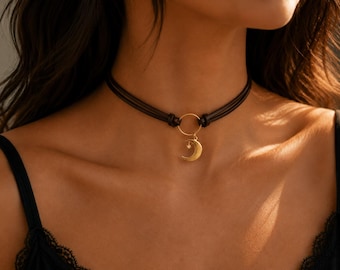 Moon Leather Choker Necklace – Minimalist Brown Cord Pendant, Adjustable Everyday Layering Jewelry for Women