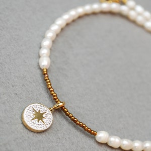 Estibela Limited Edition Star Pendant Necklace with Gold-Plated Seed Beads, Freshwater Pearls and Stainless Steel Handcrafted 43cm 17 image 2