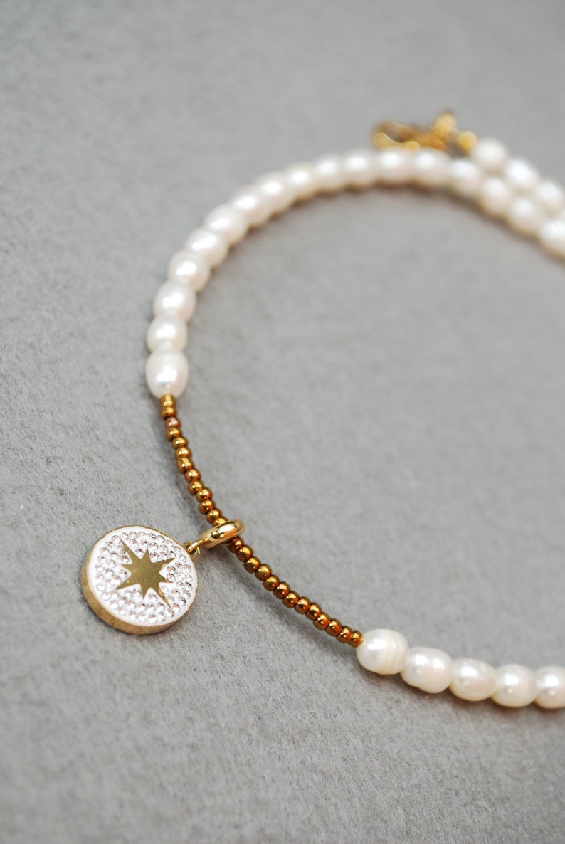 Estibela Limited Edition Star Pendant Necklace with Gold-Plated Seed Beads, Freshwater Pearls and Stainless Steel Handcrafted 43cm 17 image 2