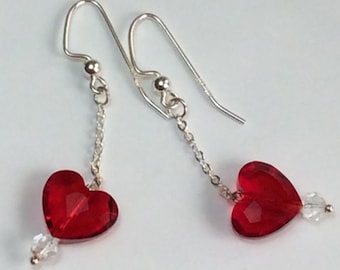 Swarovski Heart Earrings: Light Siam Red Crystal, Sterling Silver