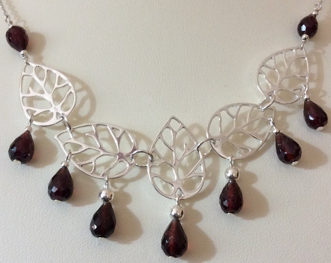 Necklace, Garnet necklace, Garnet, Sterling and Garnet Leaves Necklace