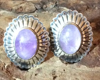 Lavender Amethyst Sterling Silver Concho Clip On Earrings