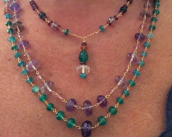 Handmade Multi Gemstone Necklace: Green Onyx, Amethyst, Garnet