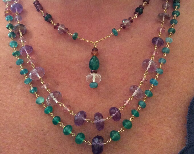 Necklace, Multi Gem, Green Agate and Amethyst necklace, Handmade Necklace, Faceted gemstone bead necklace, Faceted Amethyst and Green Onyx