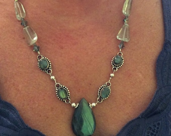 Necklace, Gemstones, Labradorite and Green Quartz, Gemstone Necklace