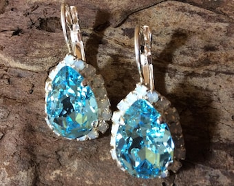 Swarovski Sky Blue Crystal Leverback Earrings, Silver Plated
