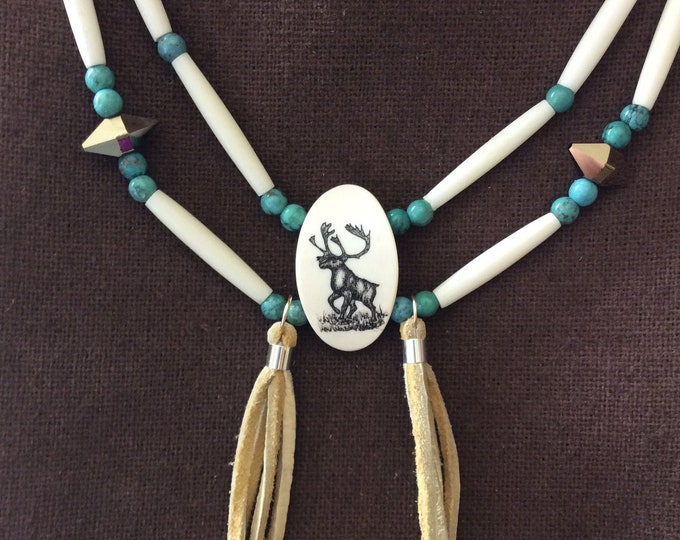 Necklace, Caribou Bone Schrimshaw Necklace, Turquoise bone Caribou native style necklace, Schrimshaw, Leather, Bone Necklace