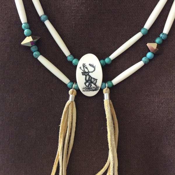 Necklace, Caribou Bone Schrimshaw Necklace, Turquoise bone Caribou native style necklace, Schrimshaw, Leather, Bone Necklace