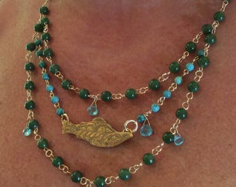 Necklace, Sacred Salmon Necklace, Apatite Gemstone, Green Jade Gemstones, Jade, Nephrite Jade and Apatite, Gold Filled, Salmon