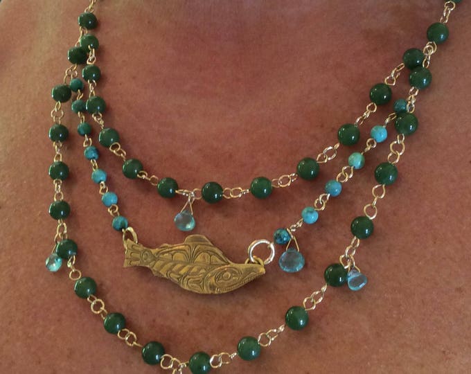 Necklace, Sacred Salmon Necklace, Apatite Gemstone, Green Jade Gemstones, Jade, Nephrite Jade and Apatite, Gold Filled, Salmon