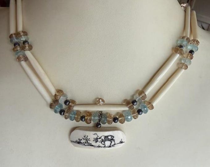 Scrimshaw Bone and Gemstone necklace, Multi-Gem necklace, Primitive Elegant Jewelry, Tribal jewelry, Citrine, Aquamarine, Caribou, Reindeer