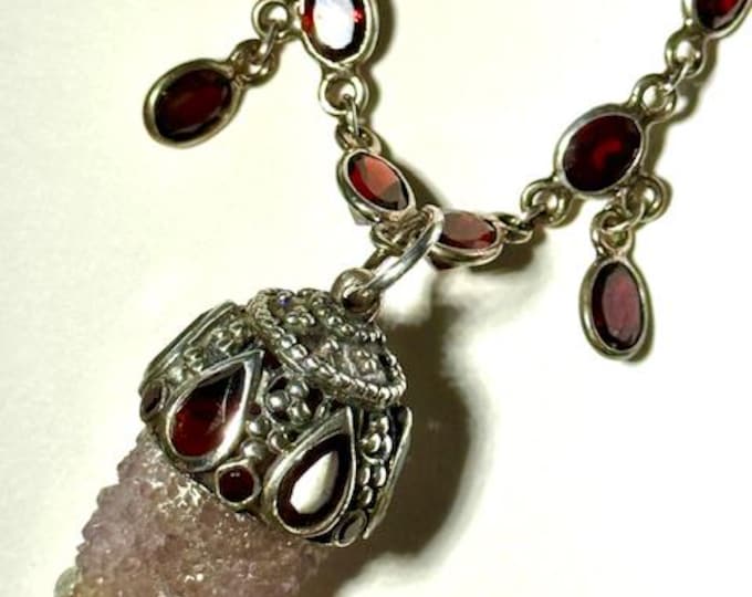 Garnet -Druzy Amethyst Necklace, Garnet necklace, Sterling Garnet Amethyst necklace, Healing stones