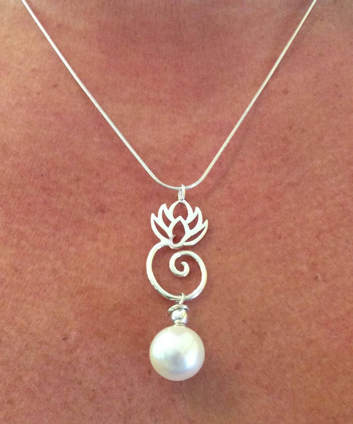 Necklace, Pearl, Cultured Freshwater Pearl Lotus Necklace, Sterling Silver and Pearl Necklace