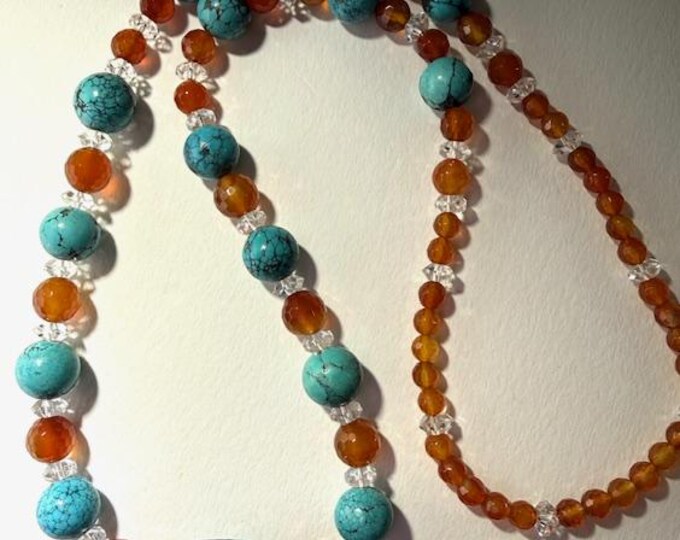 Turquoise necklace, Multi-gem necklace, Turquoise and Carnelian necklace, Designer jewelry, Designer fashion necklace