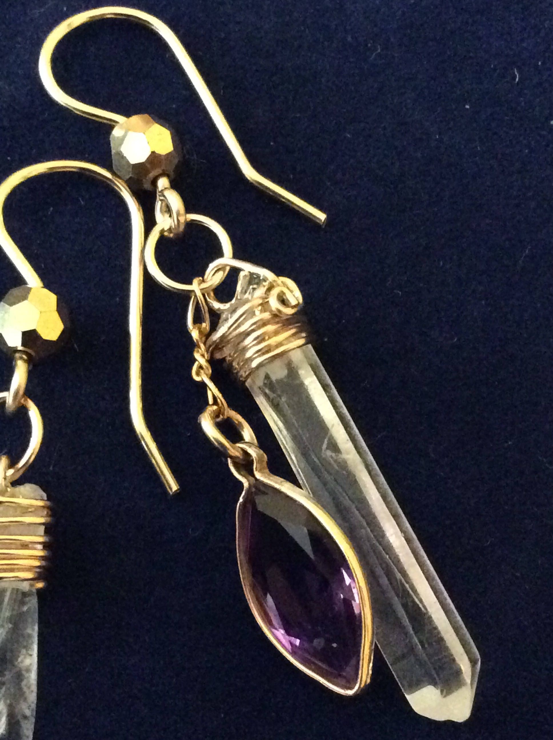 Quartz Crystal Earrings, Quartz Point earrings, Amethyst and Quartz