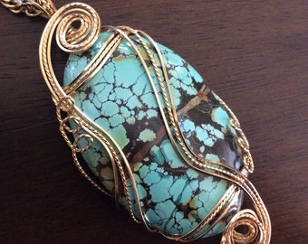 Handmade Spiderweb Turquoise Pendant: Gold Filled Wire Wrapped Jewelry