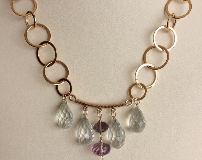 Necklace, Aquamarine, Amethyst, Gemstone Gold Necklace, Amethyst, Aquamarine, Gems and Circles