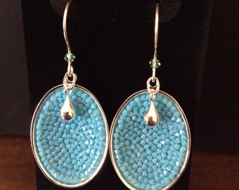 Turquoise Swarovski Crystal Mosaic Earrings, Sterling Silver Drops