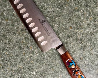 Hand Inlaid Chef's Knife, Zuni Bear, Sterling Silver, Carnelian Accent
