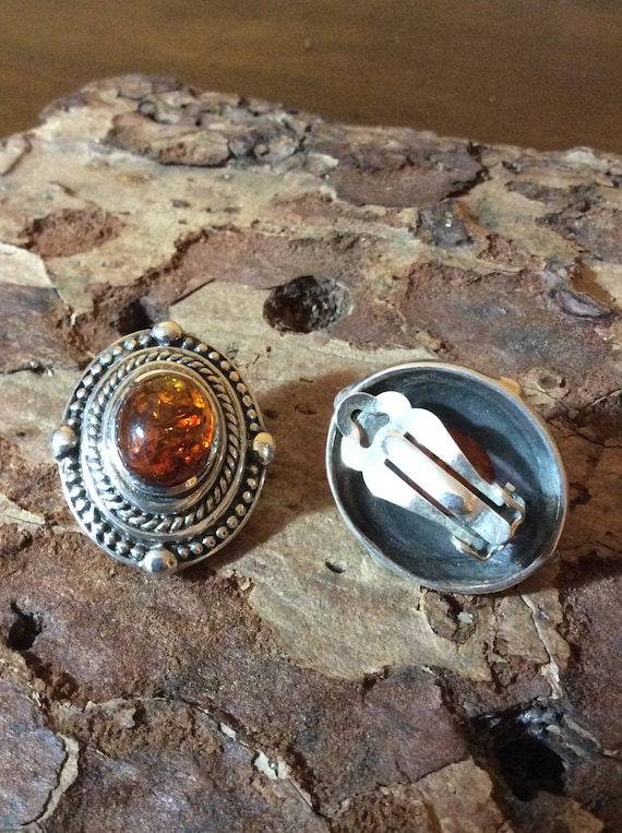 Earrings, Clip on Amber, Sterling silver and Amber