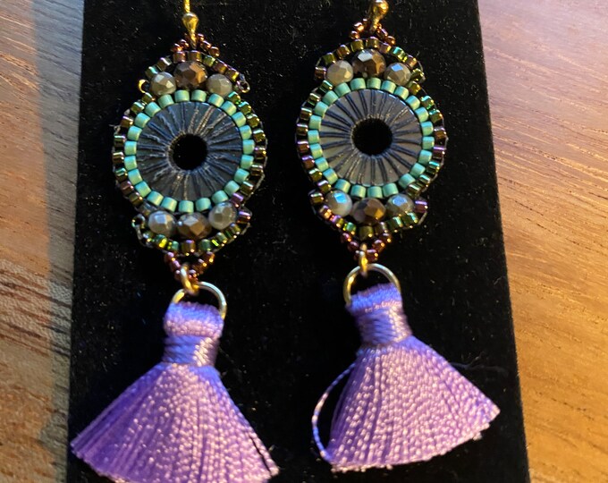 Earrings, Seed Bead, Earrings, Tassel, Earrings handmade seed bead and tassel, Earrings purple tassel