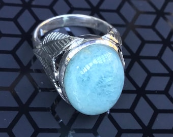 Ring, Aquamarine Ring, Aqua Cabochon Ring, Aquamarine and Sterling Silver