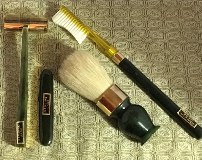 Men's JADE Shaving Kit, Nephrite Green Jade, Vintage, Green Jade grooming kit, Nephrite Jade Rare Gentlemen's JADE Set