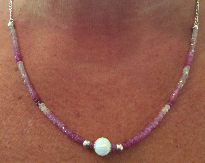 Necklace, Pink Sapphire and Opal Necklace, Pink Sapphire, Opal, Sterling silver