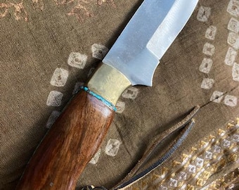 Handcrafted Hunting Knife, Turquoise Inlay, Walnut Handle