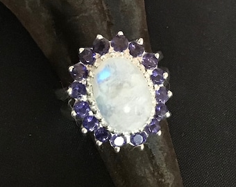 Ring, RainbowMoonstone and Iolite, Sterling Silver Gemstone Ring