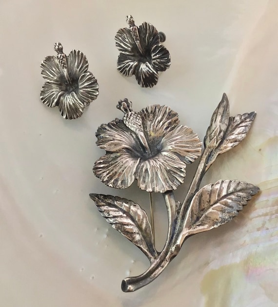 Brooch and earring set, Vintage Hibiscus Brooch an
