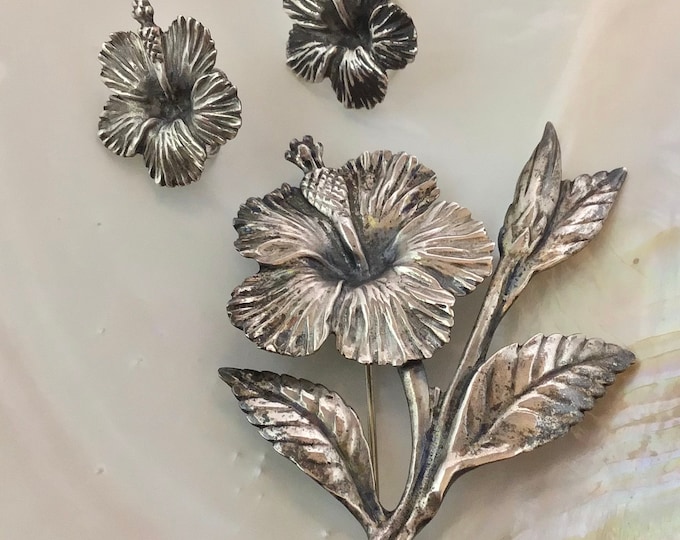 Brooch and earring set, Vintage Hibiscus Brooch and earring set, Sterling silver, Handmade Sterling brooch, Vintage Brooch and earring set