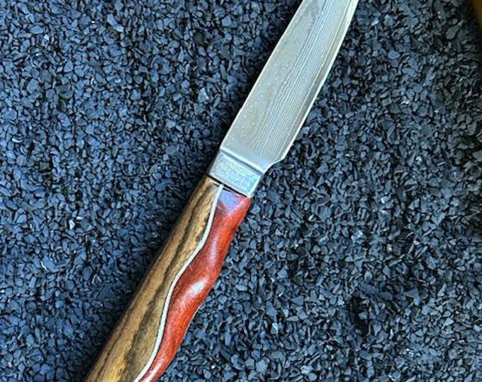 Damascus Steel Paring Knife, Handmade Two-Tone Wooden Handle