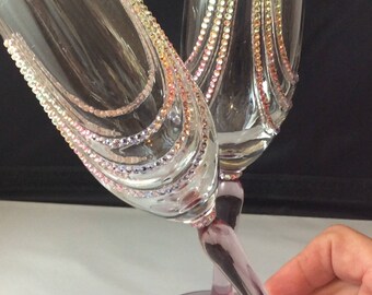 Glasses, Vintage Swarovski Embellished Flutes, wedding glasses, Toasting Occasion Glasses, Swarovski Challis, Swarovski Embellishments