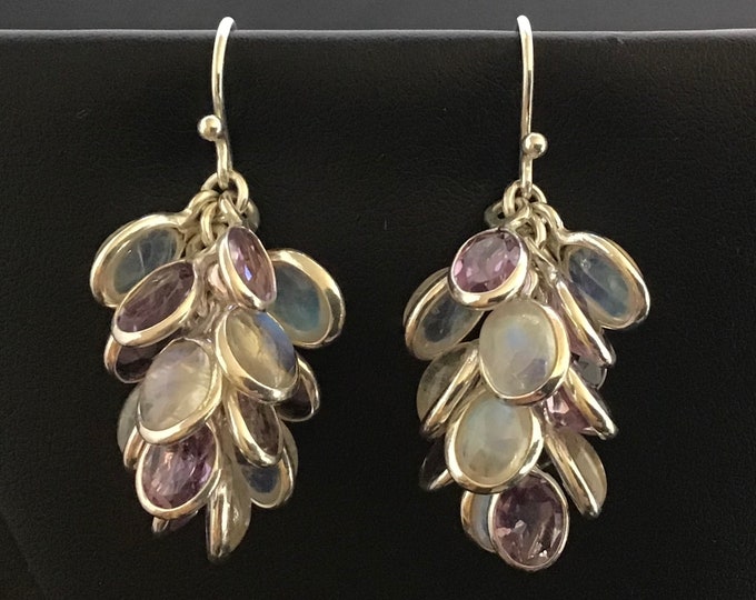 Earrings, Multi Gem Earrings, Amethyst, Rainbow Moonstone, Genuine Gem Earrings