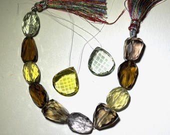 Beads, Mixed natural gemstone beads, Smoky quartz, Lemon quartz, Amethyst, Green quartz, Genuine faceted gem beads