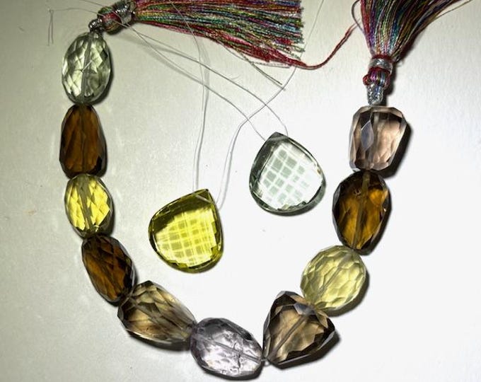 Beads, Mixed natural gemstone beads, Smoky quartz, Lemon quartz, Amethyst, Green quartz, Genuine faceted gem beads