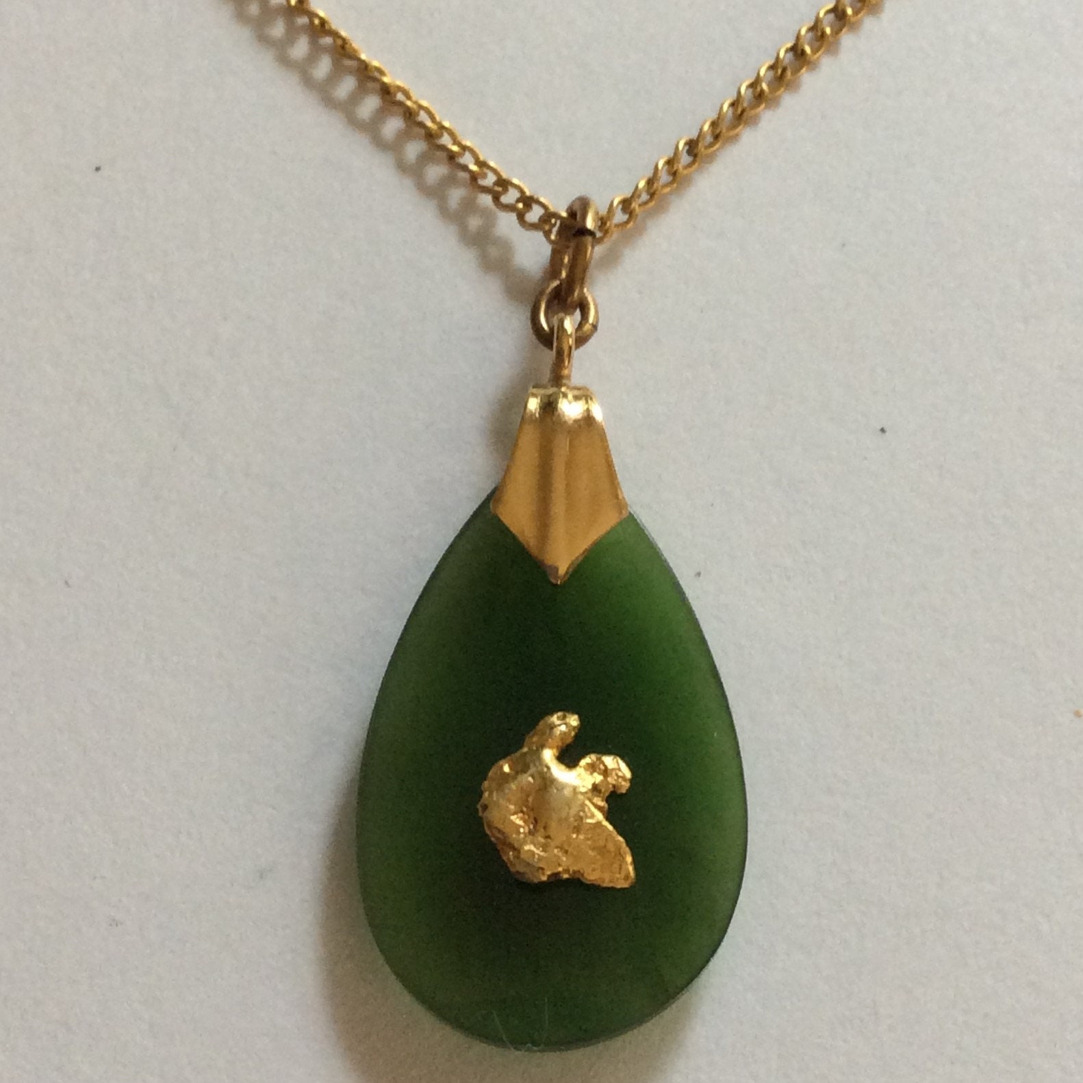 Green Jade and Gold Nugget Necklace Set, Nephrite Jade Jewelry