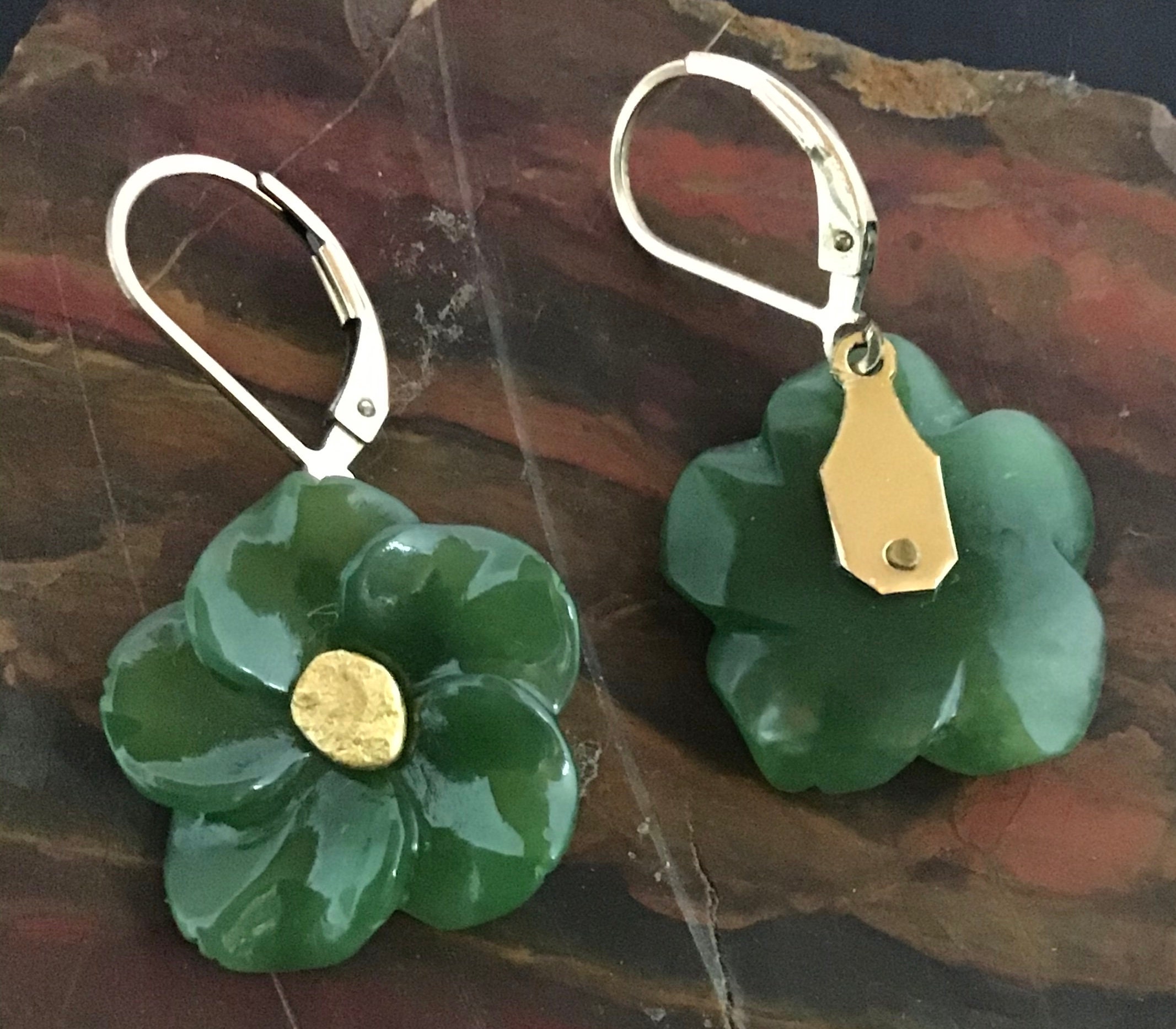 Earring, Green Jade carved flowers, Nephrite Jade carved flowers, Jade